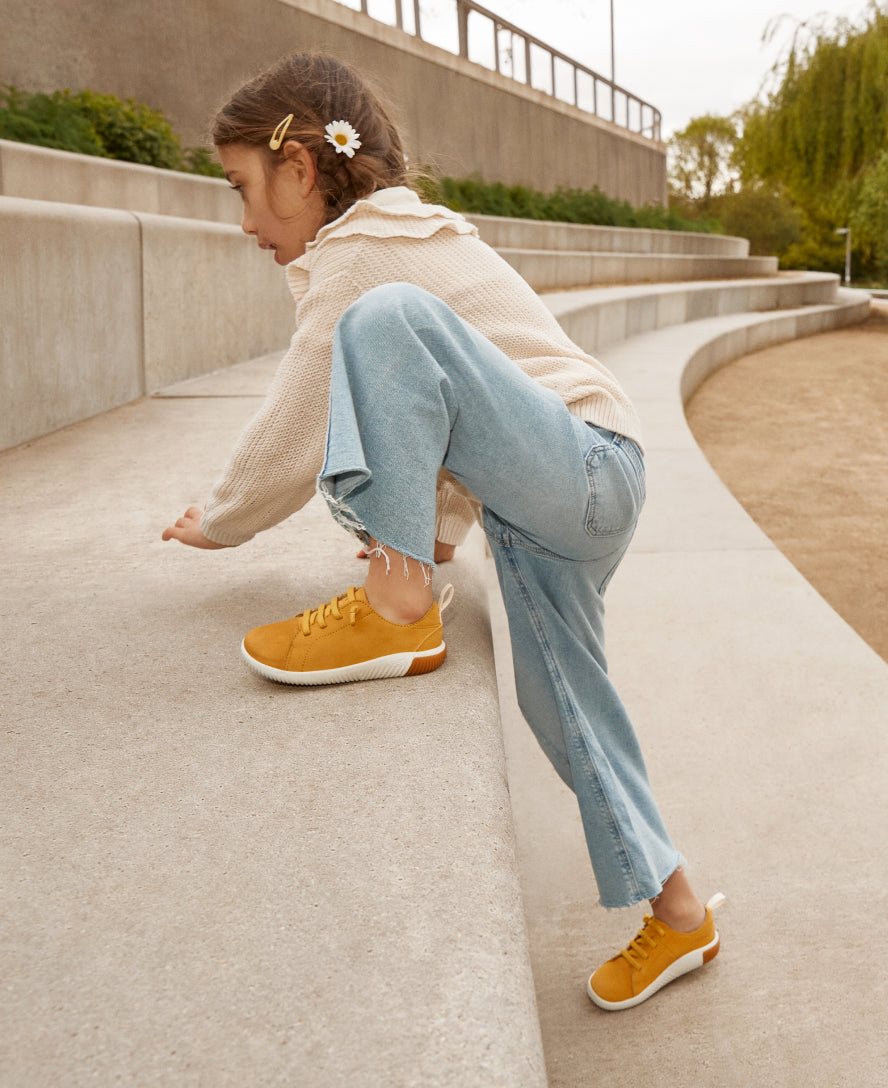 Little Kids' KNX Leather Sneaker | Gold Flame/Star White - Image 9